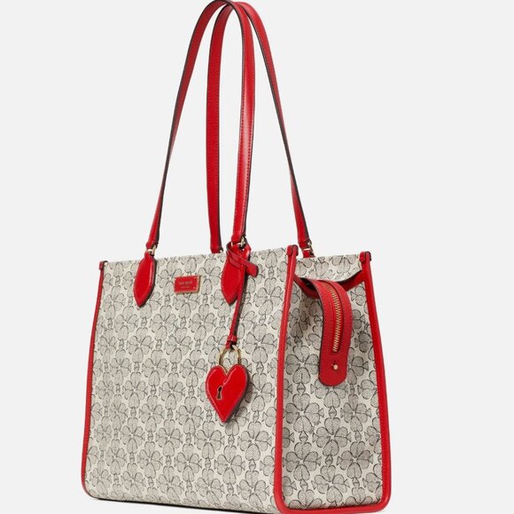 New Kate Spade Spade Flower Coated Canvas Large Market Tote Cherry Rose - Picture 4 of 6